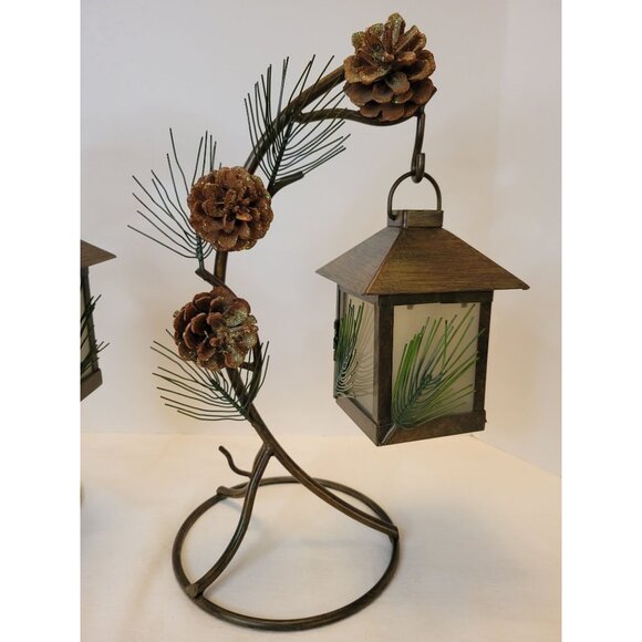 Rustic Pinecones Metal Pine Needles Lantern Tea Light Candle Holders Cabin Decor - Picture 2 of 14